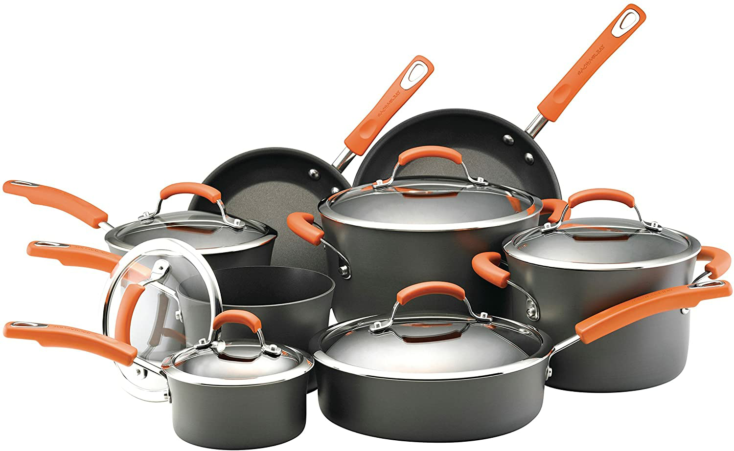 Rachael Ray Brights Hard-Anodized Nonstick Cookware Set with Glass Lids, 14-Piece Pot and Pan Set, Gray with Orange Handles $188
