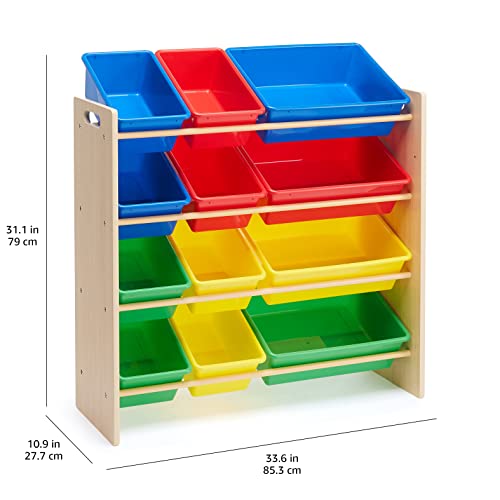 Amazon Basics Kids Toy Storage Organizer with 12 Plastic Bins (Natural