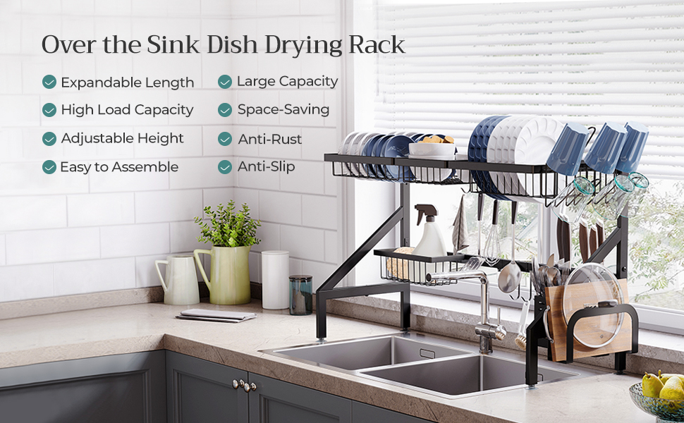 2-Tier Songmics Over The Sink Adjustable Kitchen Dish Drying Rack For Countertop (Black, UKCS023B01) $35 + Free Shipping