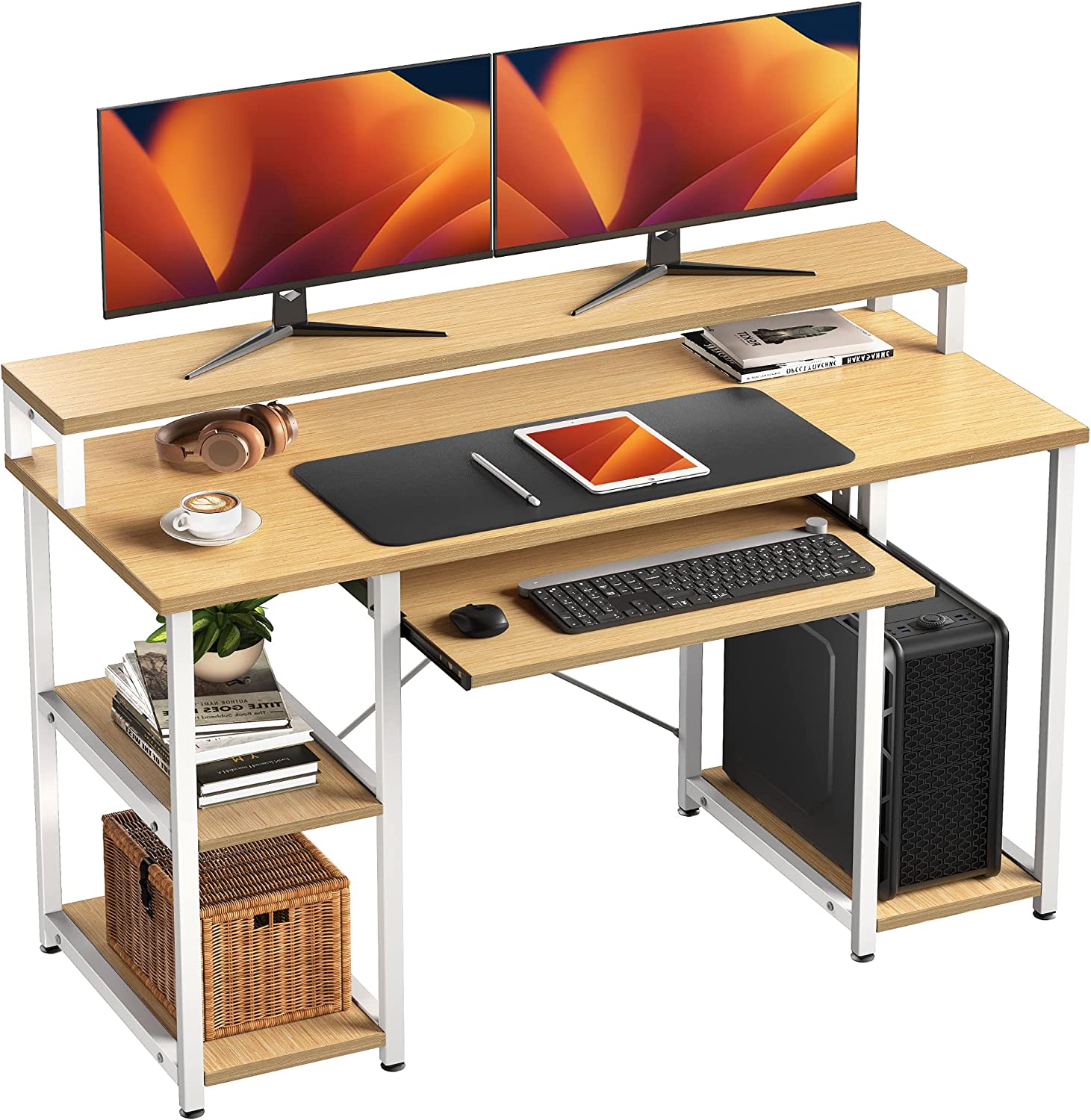 47" Noblewell Computer Desk w/ Monitor Stand, Storage Shelves