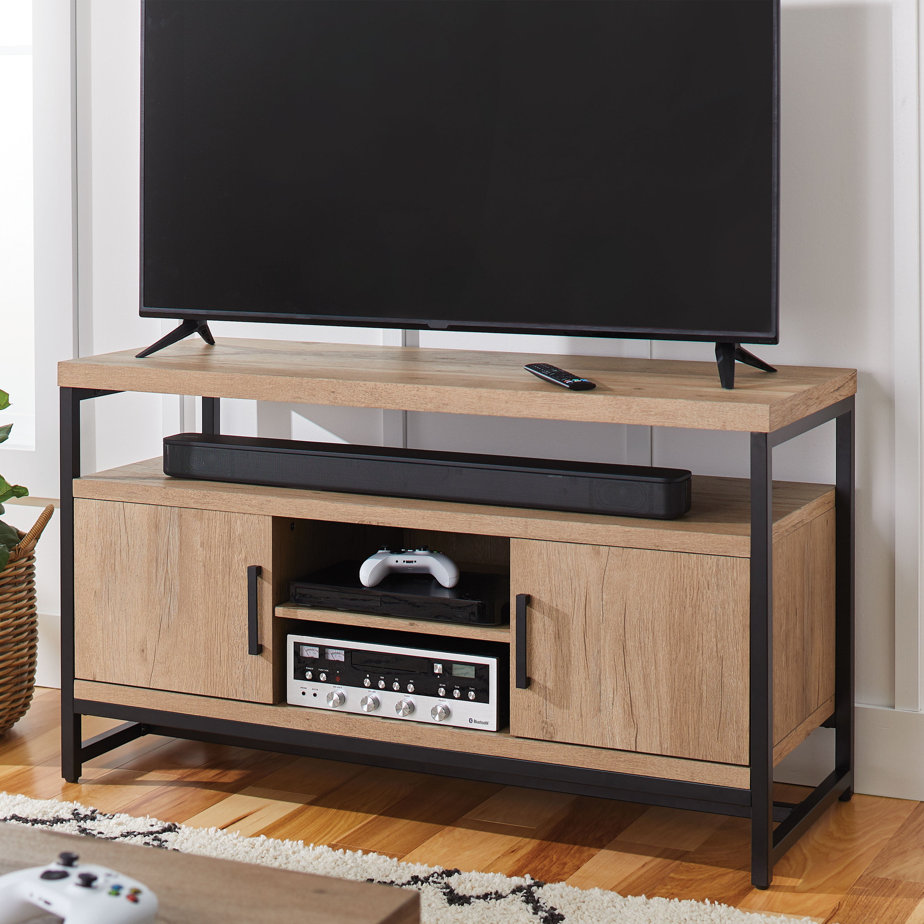 Better Homes & Gardens Jace Industrial Wood Rectangle Media Console (Natural Oak, for TVs up to 55 in) $125 + Free Shipping