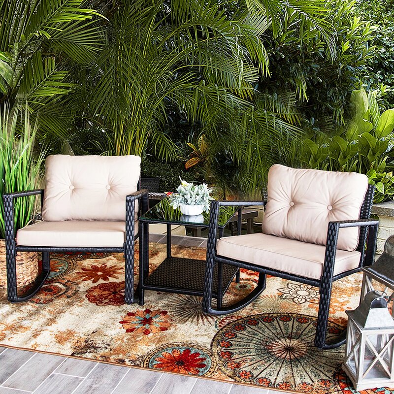 3-Piece Kelly Clarkson Rattan Wicker Patio Set w/ 2 Rocking Chairs, Open Bottom Shelf Glass table & 3" Cushions w/ Removable Covers $187 + Free Shipping