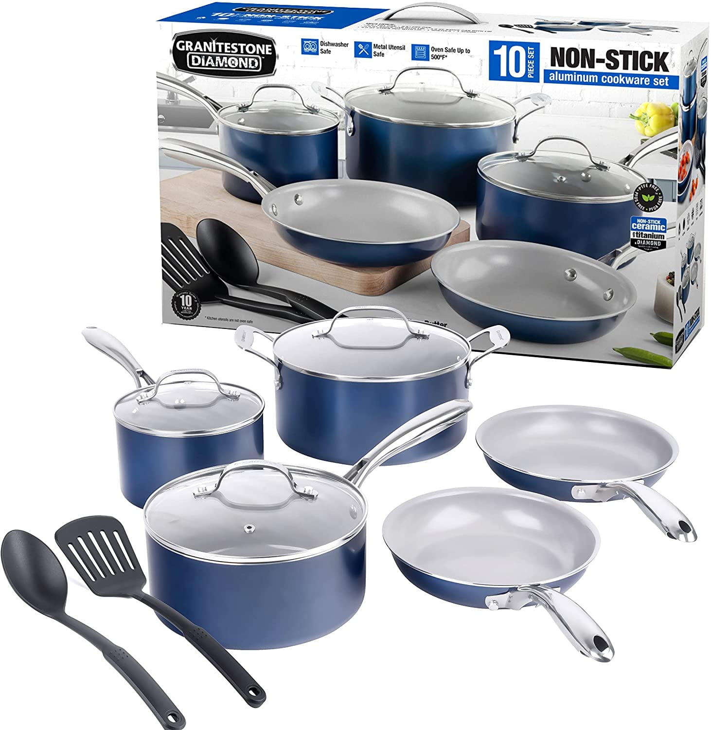 10-Piece Granitestone Pots & Pans Ceramic Nonstick Cookware Set (Blue) $54.96 + Free Shipping
