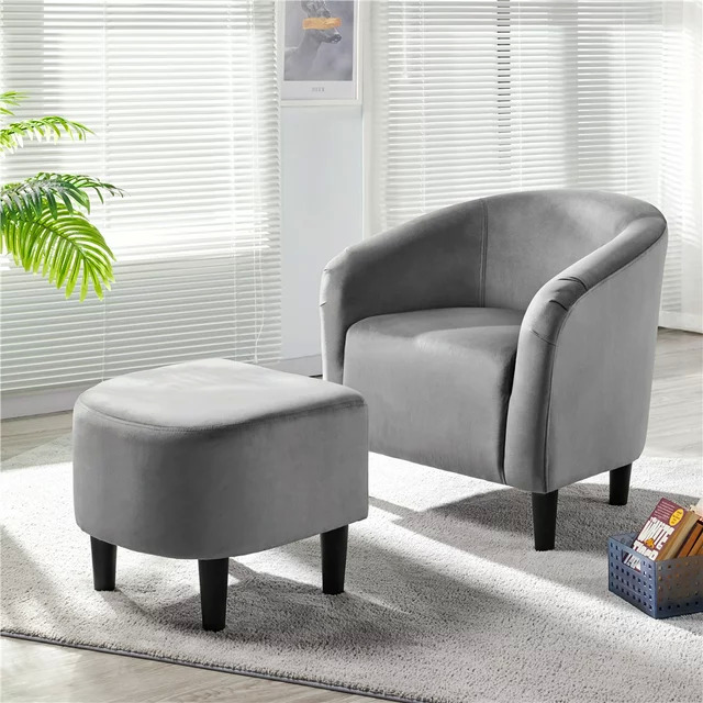 Renwick Barrel Accent Chair w/ Ottoman (Gray Velvet) $102 + Free Shipping
