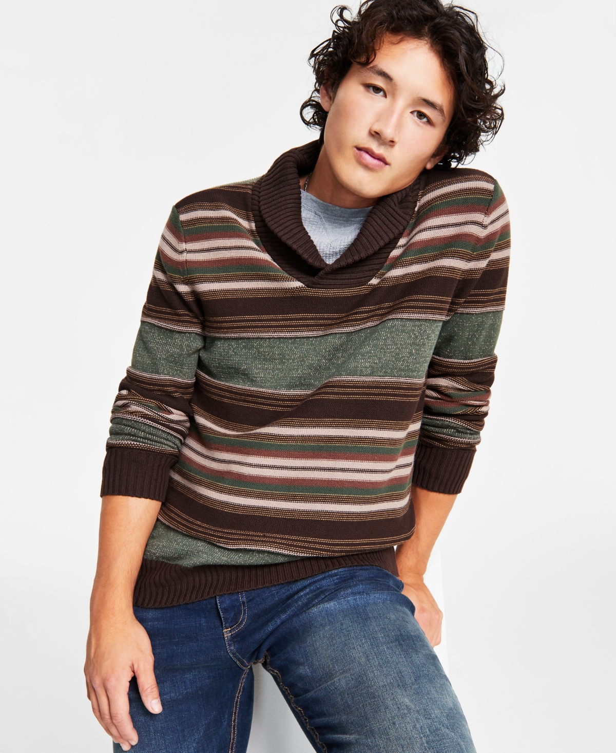 Sun + Stone Men's Apparel: Blanket Stripe Shawl Sweater (Pebble Heather) $16.73, Plaid Long-Sleeve Shirt $15.03 & More + Free Store Pickup at Macy's or F/S on $25+