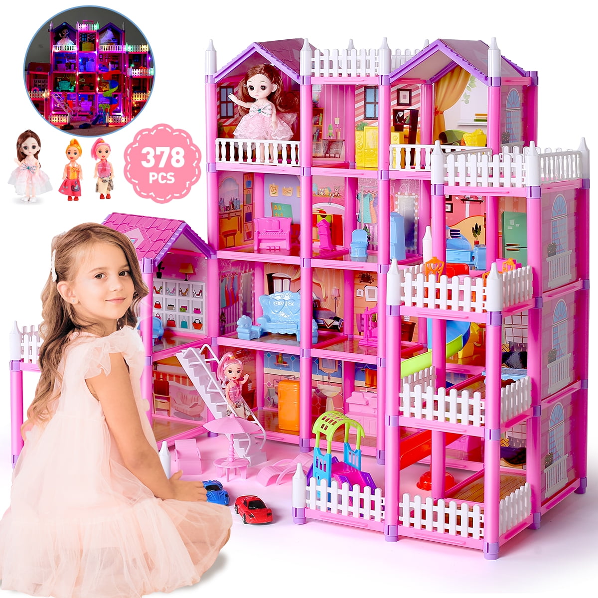 378-Piece JoyStone 20 Rooms DollHouse w/ Colorful Light, Pretend Play Furniture Sets & 3 Dolls $30 + Free S&H w/ Walmart+ or on $35+