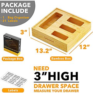 1 Box 4 Slots Bags and Ziplock Bamboo Organizer with Labels