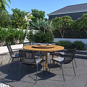 7-Piece Amazonia Kingston Patio Round Lazy Susan Dining Table Set w/ Teak Finish (Grey Cushions)