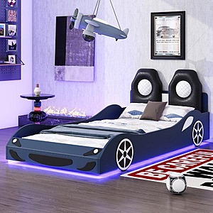 Nestfair Wood Frame Car-Shaped Platform Bed w/ LED & Upholstered Backrest (Twin, Blue) $299.99 + Free Shipping