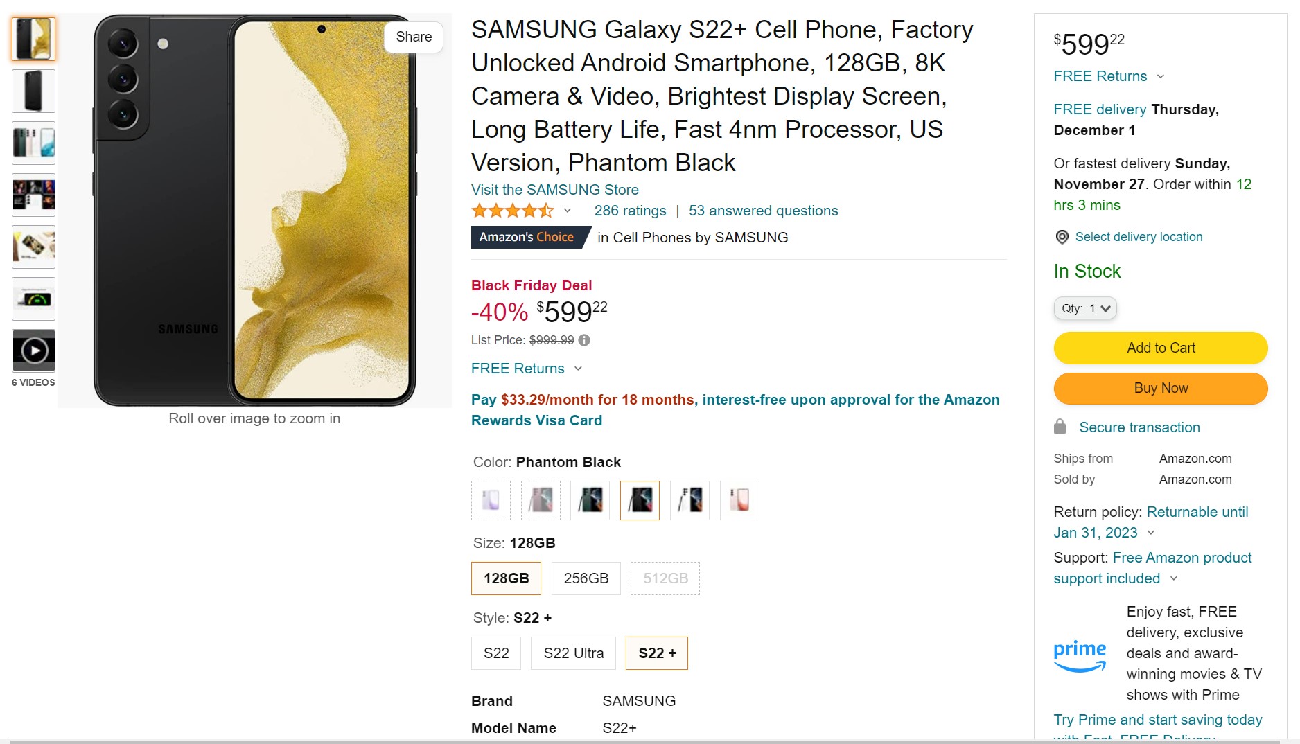 128GB Samsung Galaxy S22+ Unlocked Smartphone (Phantom Black) $599 + Free Shipping