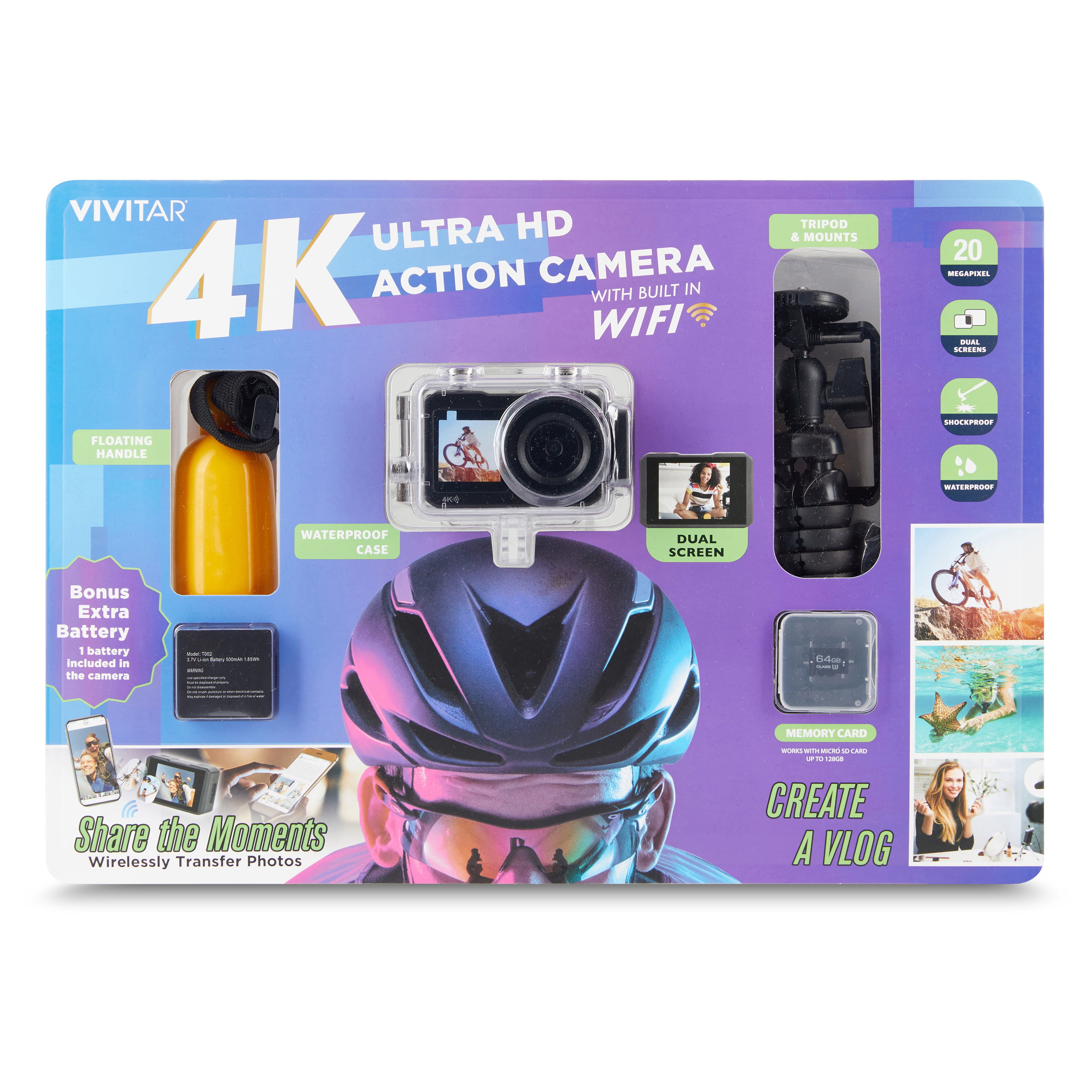 Vivitar 4K Ultra HD Action Camera Kit w/ Wifi, Bonus Battery, SD Card, Floating Handle, Tripod, Mounts $10 + Free Shipping w/ Walmart+ or $35+