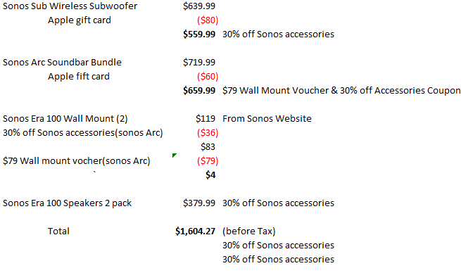 Sonos Sub Wireless Subwoofer + Arc Bundle+ Era 100 speakers 2 pack from COSTCO $1604.27