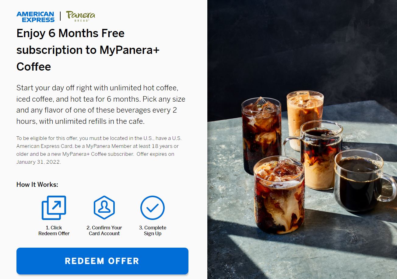 Free 6 Months of MyPanera+ Coffee - Free Hot Coffee, Iced Coffee, or Hot Tea every 2hrs for 6 months. YMMV - AMEX PROMO
