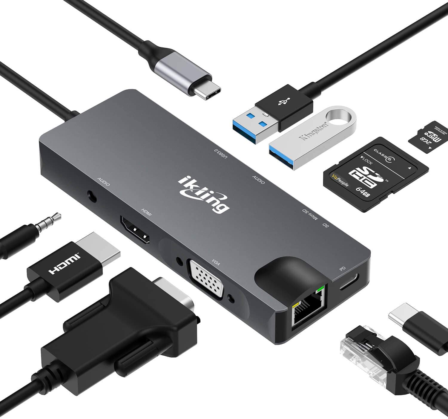 USB C Hub, 9-in-1 USB C Adapter with 4K USB C to HDMI,VGA, USB C Charging, 2 USB 3.0, SD/TF Card Reader, USB C to 3.5mm, Gigabit Ethernet  $23.99
