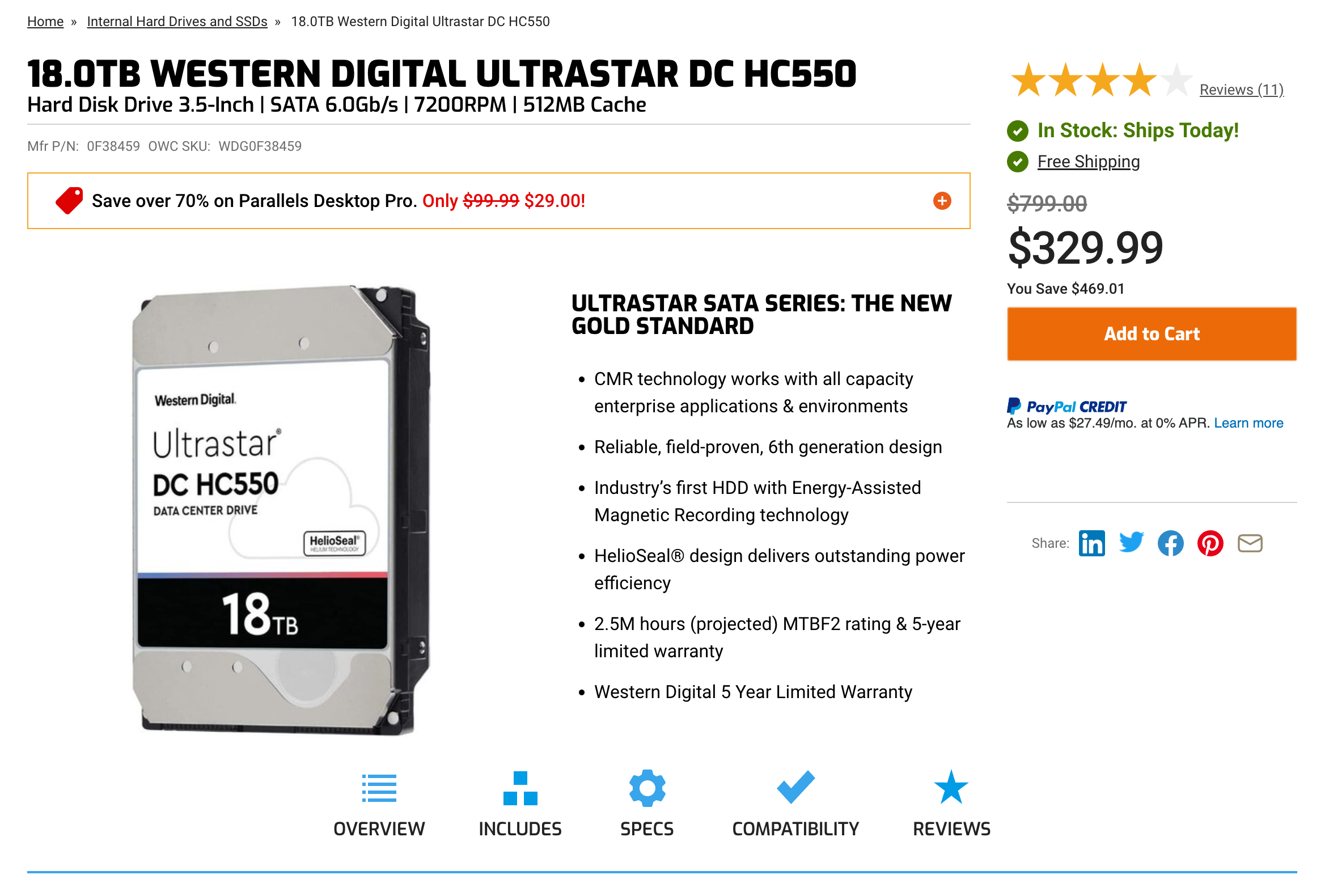18.0tb western digital ultrastar dc hc55 $329.97