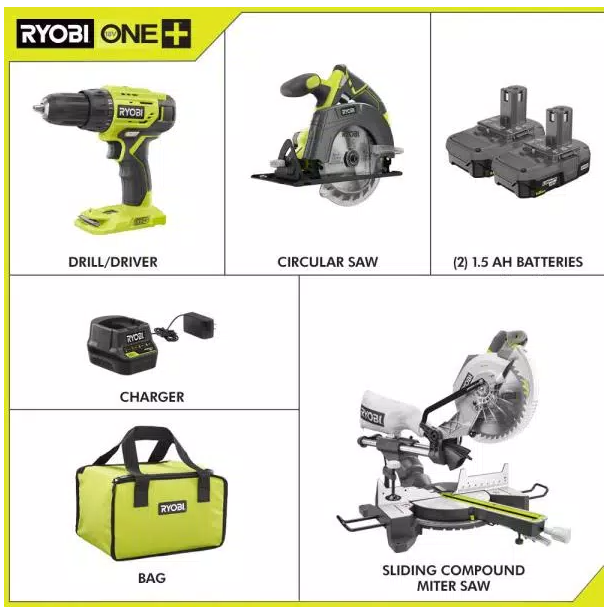 15 Amp 10 in. Sliding Compound Miter Saw and 18-Volt Cordless ONE+ Drill/Driver, Circular Saw Kit $278