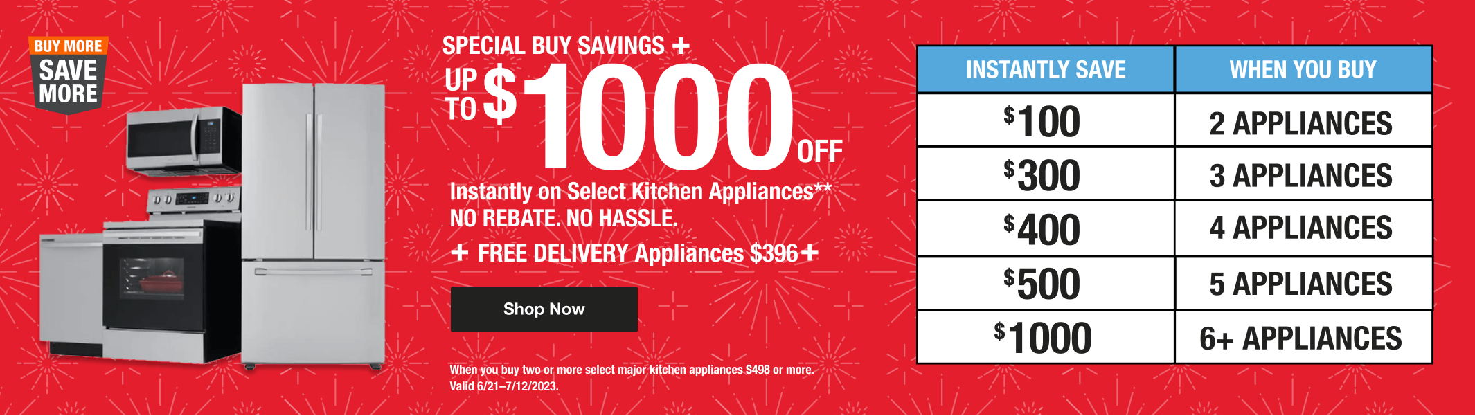 Lowe's / Home Depot Appliance Bundle: Save up to $1,000 and recieve free deilvery.  Expires July 12th, 2023