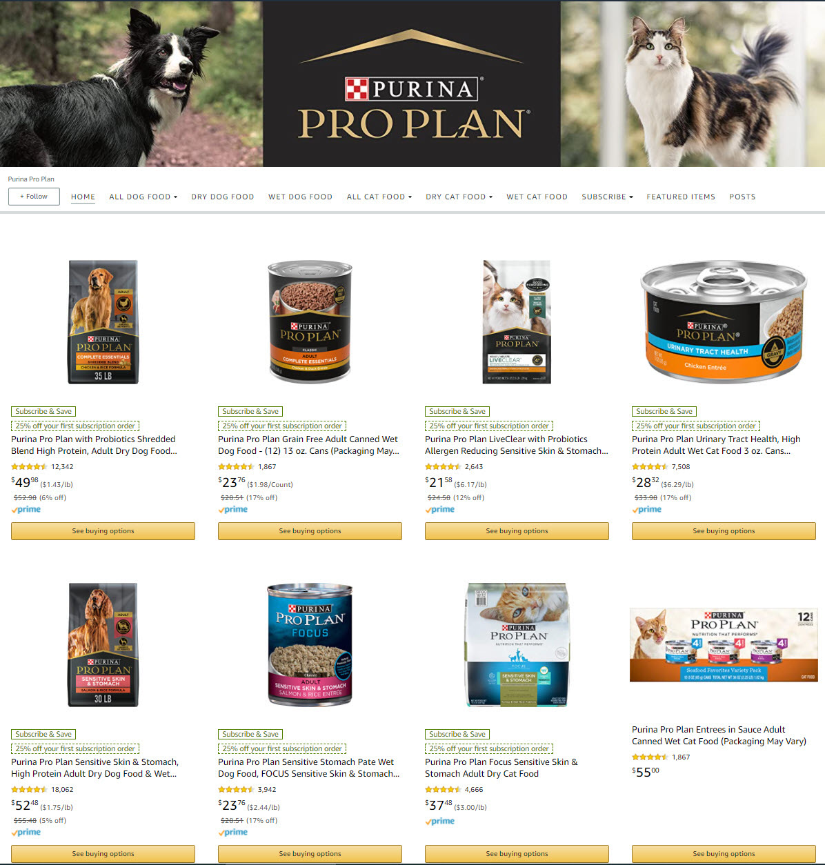 Select Amazon Accounts: Select Purina Pro Plan Dog & Cat Food 25% Off w/ Subscribe & Save $14