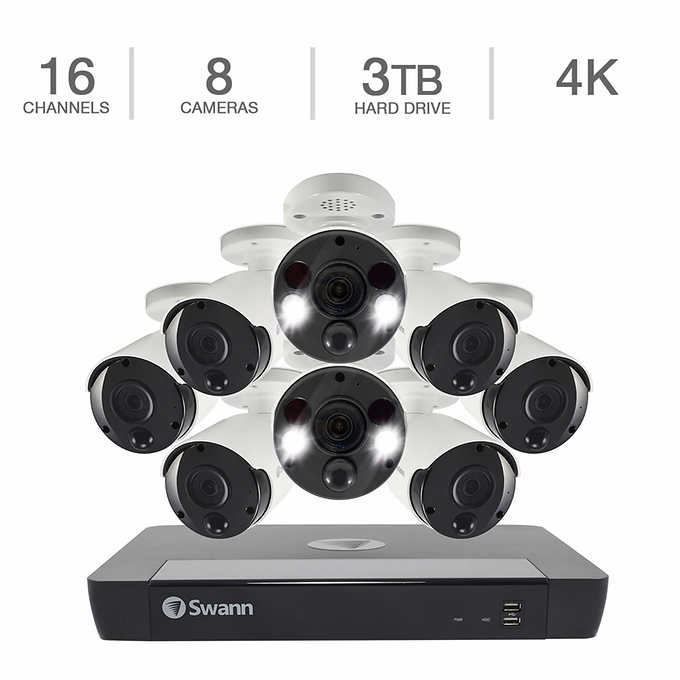 Costco members: Swann 16-Channel 4K Ultra HD NVR Security System with 3TB HDD, 6 4K Bullet Cameras and 2 4K Spotlight Bullet Cameras. Price $999.99 Less $250.00 Your Price $750