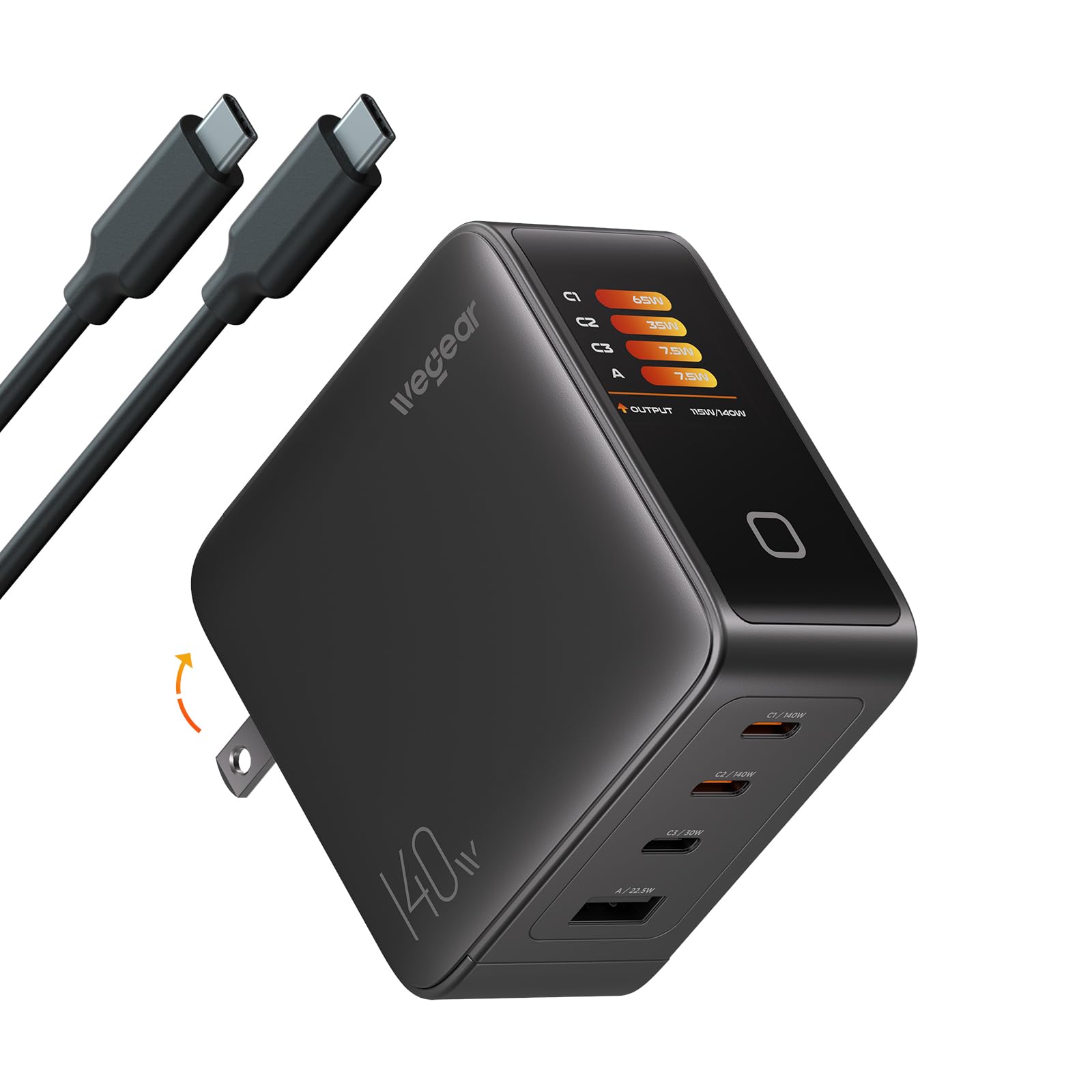 Wegear 140W GaN USB C Charger Block, 4-Port PD3.1 Fast Wall Charger with Smart Display & Touch Control, Foldable Power Adapter with 240W USB-C Cable $32.99