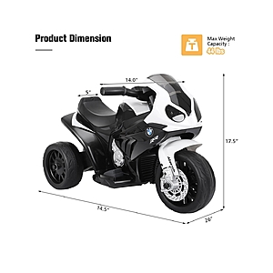 Sugift 6V Kids 3 Wheels Riding Bmw Licensed Electric Motorcycle - Black $89.96