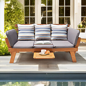 Katinka Eucalyptus Outdoor Daybed Sofa with Folding Armrest & Coffee Tray with 3 Pillows $146.99