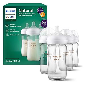 Philips Avent Natural Glass Baby Bottles with Natural Response Nipples (Medium Flow, Flow 3), 8oz, 4-Pack, SCY913/04 $31.99
