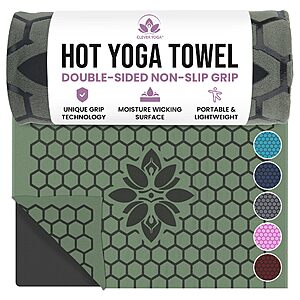 Clever Yoga Hot Yoga Mat Towel &ndash; Non-Slip Grip for Hot Yoga, Sweat Absorbent, Honeycomb Silicone Grip, Stays Flat &ndash; Ideal for Pilates, Travel, Washable & Lightweight - Olive $43.99