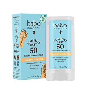 Babo Botanicals Sensitive Baby Mineral Sunscreen Stick SPF 50 - 70% Organic Ingredients - Zinc Oxide - NSF & MADE SAFE and EWG Certified  - Fragrance-Free - Babies & Kids $11.6