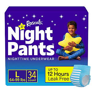 Rascals Night Pants Absorbent Disposable Boys Nighttime Bedwetting Underwear, L (64-99 lbs), 34 Count $12.48