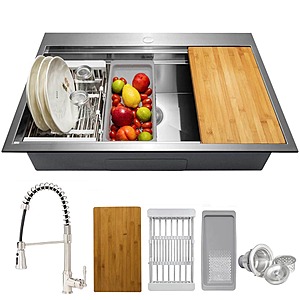 Handmade All-in-One Top mount Stainless Steel 33 in. x 22 in. Single Bowl Kitchen Sink w/ Spring Neck Faucet, Accessory $299.99