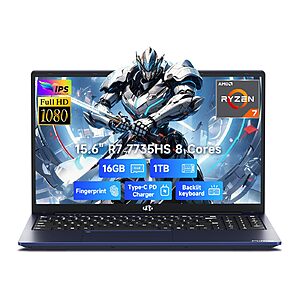 NIMO Light-Gaming-Laptop, 15.6" FHD Computer with AMD 8-Core R7 7735HS 16GB DDR5 RAM 1TB SSD Radeon 680M GPU 2