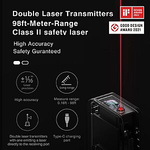 HOTO Laser Measuring Tool Pocket-Size 98Ft Laser Tape Measure ±2mm Accuracy, USB-C Rechargeable, OLED Display, Ft/M/in Unit, Real-Time Data Sync $29.99