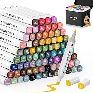 [S&S] WELLOKB Alcohol Markers Set, 80 colors Alcohol Based Dual Tip, Brush and Fine Tip for Adult Coloring Books, Drawing, Sketching $10.99