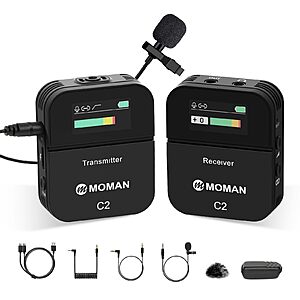 Moman C2 Wireless Lavalier Microphone, 2.4GHz Wireless Lapel Microphone System with Transmitter & 1 Receiver (