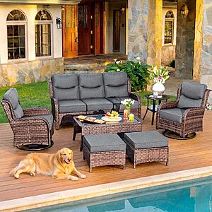 HILLGA 7-Piece Luxury Patio Furniture Set with 6" Thick Cushions, Weather-Resistant Wicker High Back Swivel Rocker Chairs,Gray(V2) $1538.02