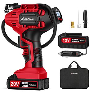 AVID POWER Tire Inflator Portable Air Compressor, 20V Cordless Car Tire Pump, Rechargeable Battery Powered Air Compressor w/12V DC Adapter, Digital Pressure Gauge $54.99