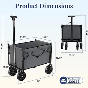 OLIXIS Collapsible Wagon Cart with Wheels 220 lbs Capacity, Heavy Duty Mini Foldable Portable Wagon with Adjustable Handle,Grey $26.95