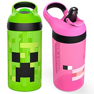 Zak Designs Minecraft Kids Water Bottle with Straw and Built in Carrying Loop Set, Made of Plastic, Leak-Proof Water Bottle Designs (Creeper/Pig, 16 oz, 2pc Set) $11.49