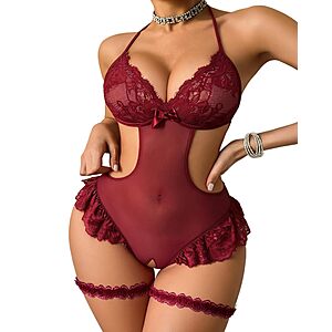 Avidlove Women Lace Bodysuit Lingerie Sheer Cut Out One Piece Teddy Adjustable Straps Garter Set $5.49