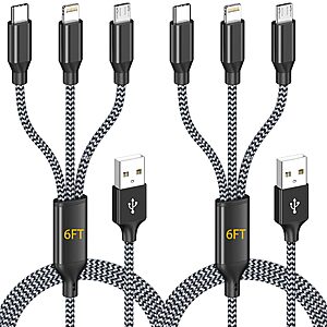 2-Pk 6-ft AICHUA 3-in-1 USB-C / Micro USB / Lightning Nylon Braided Cables 4.50 & More