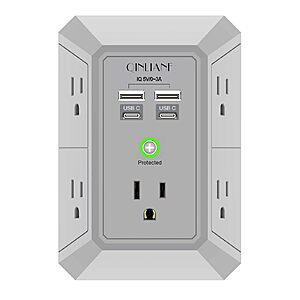 QINLIANF 5 Outlet Extender with 4 USB Charging Ports(2U2C) 3-Sided 1680J Power Strip Multi Plug Outlets Wall A