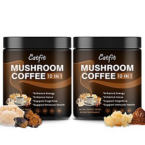 Catfit Mushroom Coffee, Instant Mushroom Coffee 10-in-1 Adaptogen Blend with Lion's Mane, Chaga & Cordyceps   320g, 100 Servings $17.47