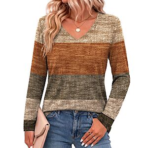 Zeagoo Tshirt Shirts for Women Trendy Long Sleeve Tops V Neck Casual Dress Work Blouses Fall Clothes Stripes Color Block M $6.49