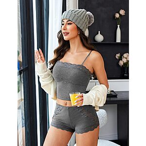 Avidlove Womens Pajama Sets 2 Piece Lingerie Sleepwear Cute Cami Shorts Pjs Set Soft Sexy Lace Trim Nightwear Grey S $6.49