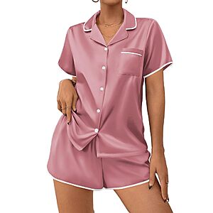 Ekouaer Women's Satin Pajamas Set 2 piece Silky Sleepwear Buttton Down Short Sleeves Top and Shorts Pj Set Dusty Rose L $8.99