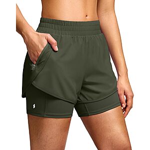 Soothfeel Women's 2 in 1 Athletic Running Shorts with Liner Zipper Pocket 5" High Waisted Gym Workout Tennis Shorts for Women Army Green S $14.99