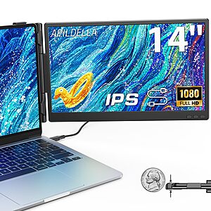 APILDELLA 14'' Dual Laptop Screen Extender, 1080P FHD Laptop Extended Monitor Portable with Speaker
