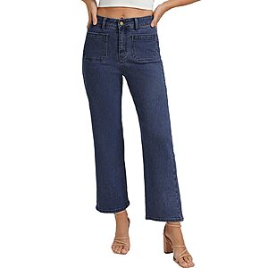 Belle Poque Women Straight Leg Mid Rise Stretchy Wide Leg Denim Pants with Pockets Front (Dark Blue, 6) $9.99