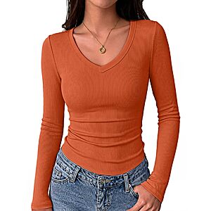Zeagoo Womens V Neck Long Sleeve Shirts Ribbed Fitted Tops Casual Basic Tee $5.99